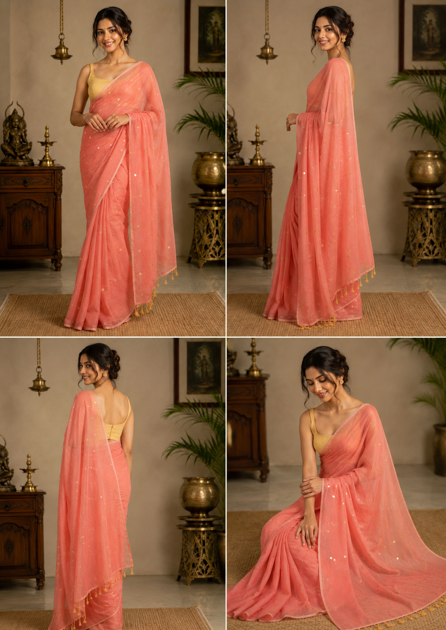 Mul Cotton with Chumki Work and Tassels -Peach