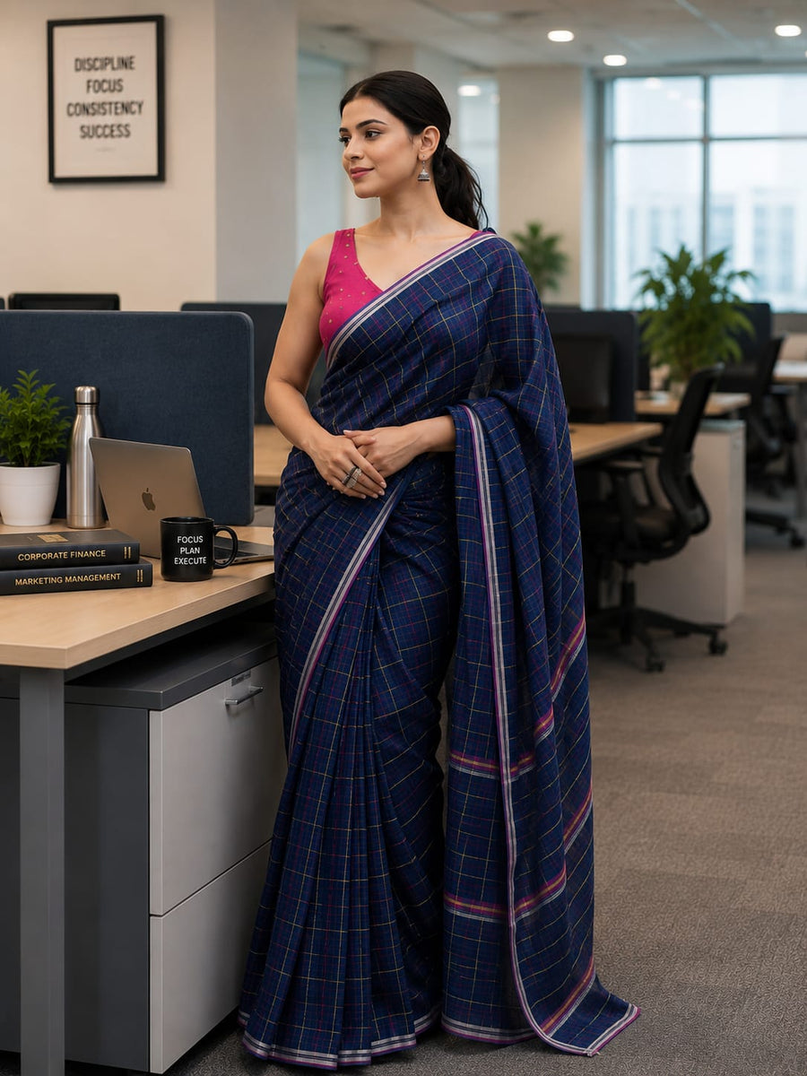 Mul Cotton Kantha Embroidery Saree Navy blue