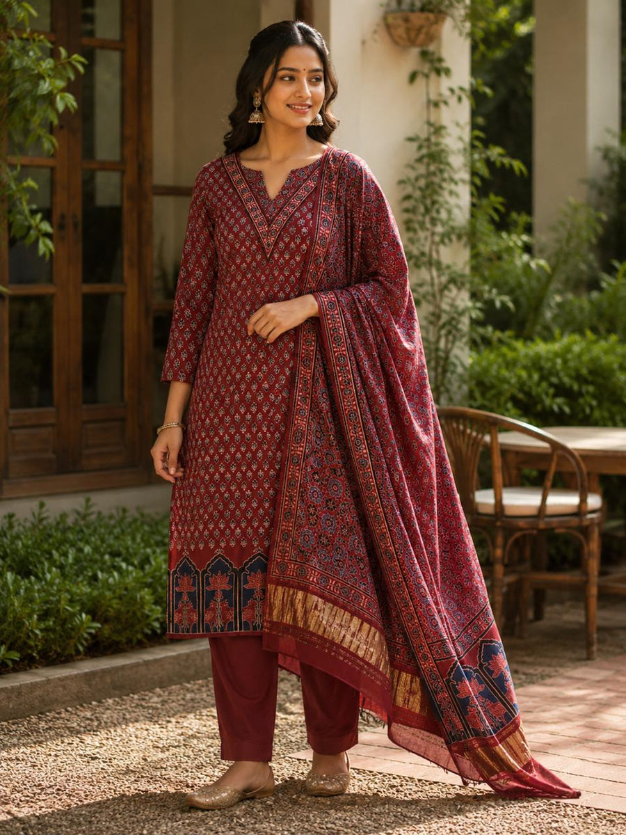 Premium 2 Piece Modal Silk Suit Set -Maroon