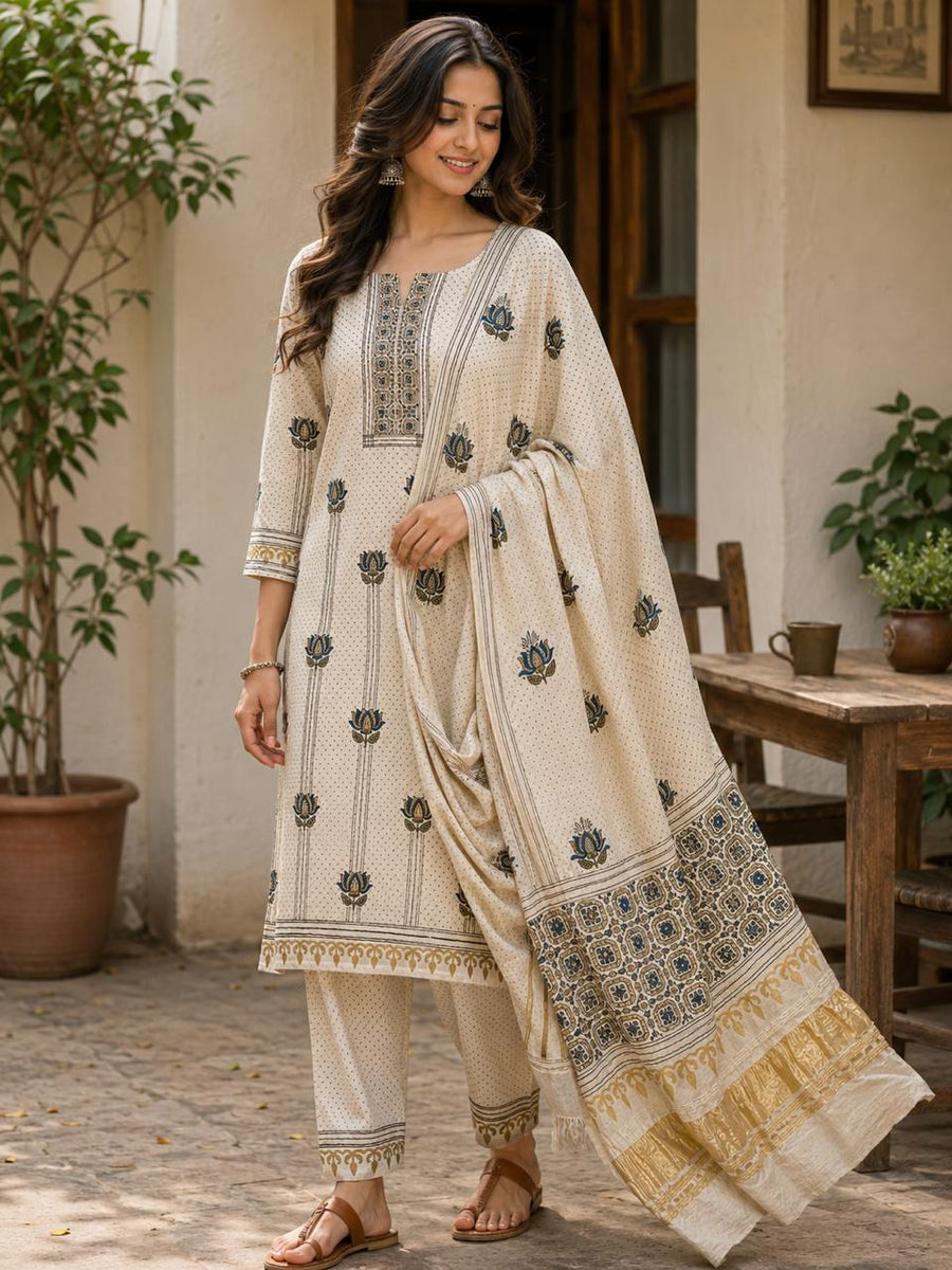 Premium Modal Silk two piece dress material set- Off White