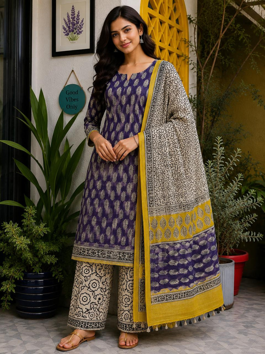 Kota Doria 3 Piece Suit Set -Purple