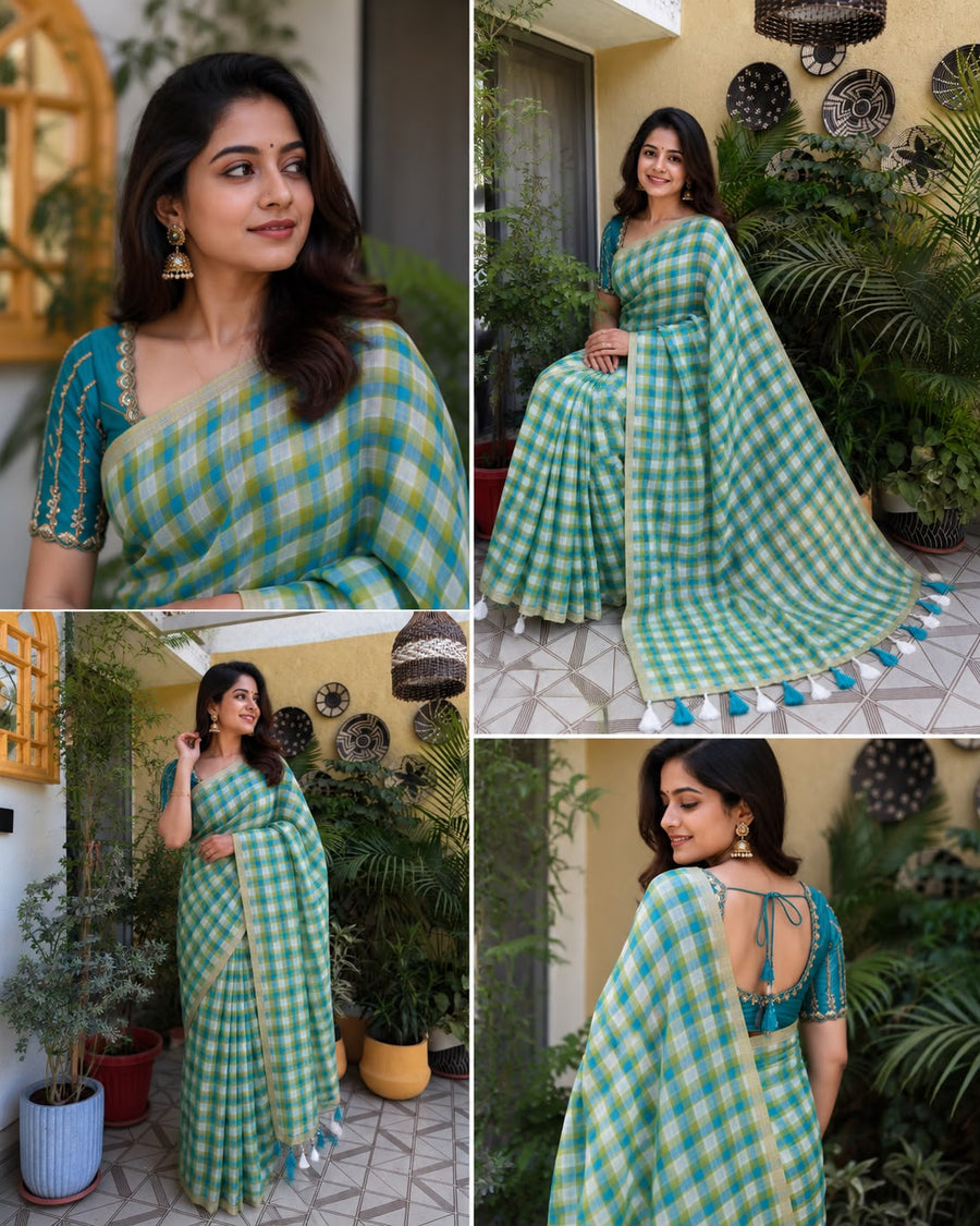 Mul Cotton- Checkered Saree With Tassel Border Green