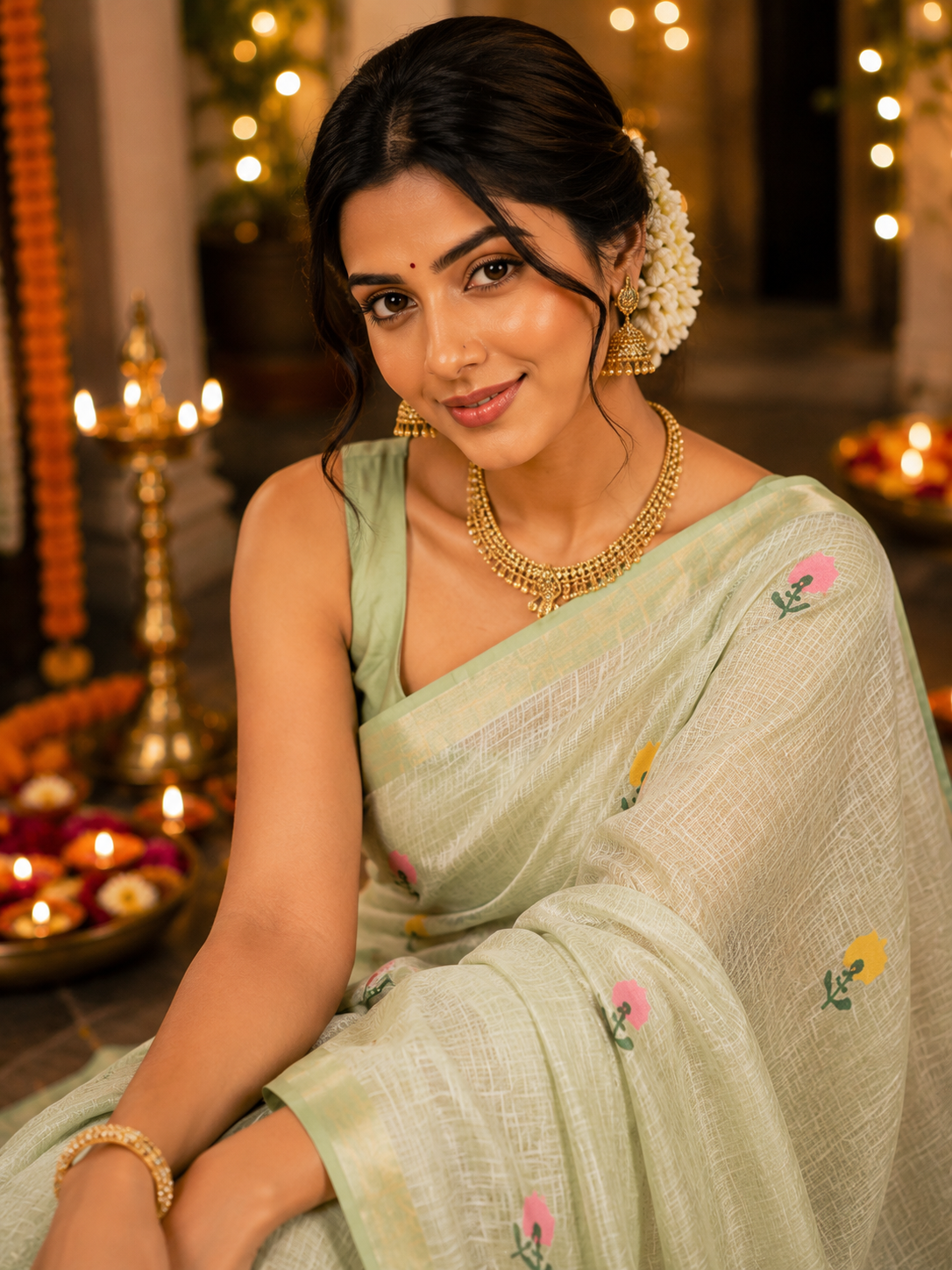 Silk Linen Jamdani Saree Pista Green