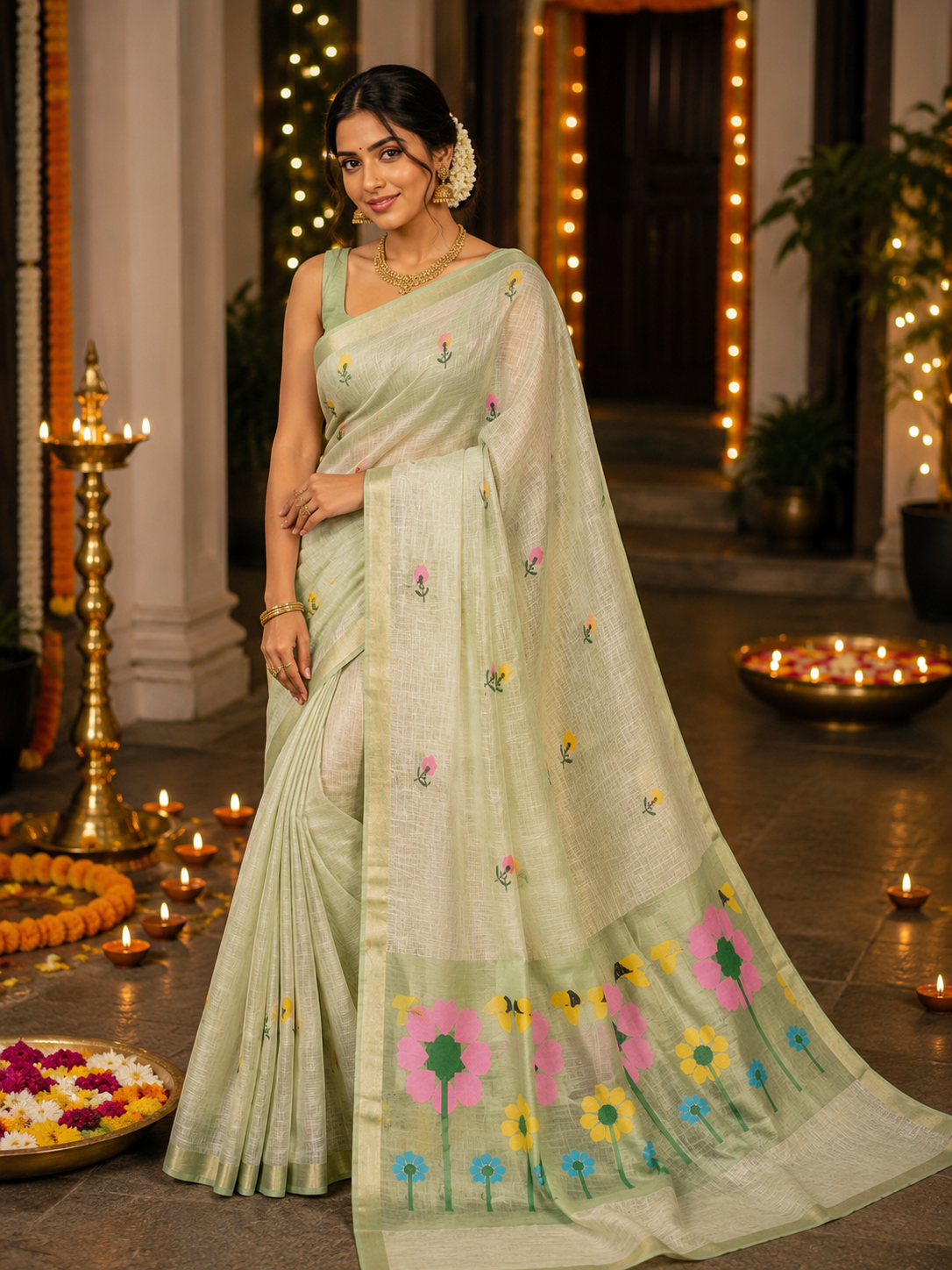 Silk Linen Jamdani Saree Pista Green