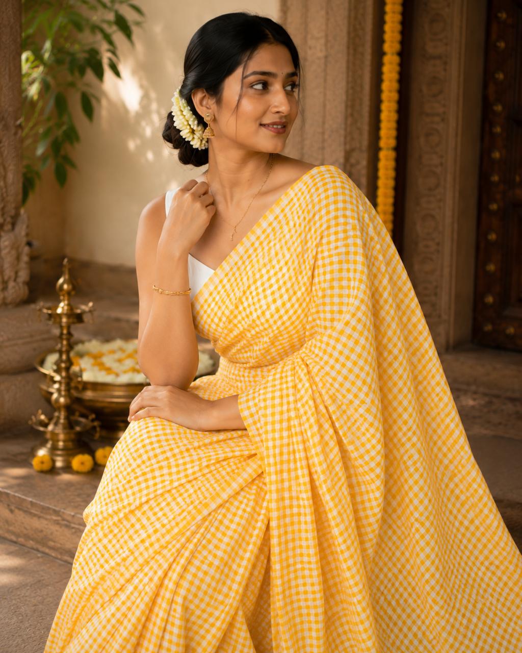 Mul Cotton-  Checkered Saree With Tassel Border Yellow