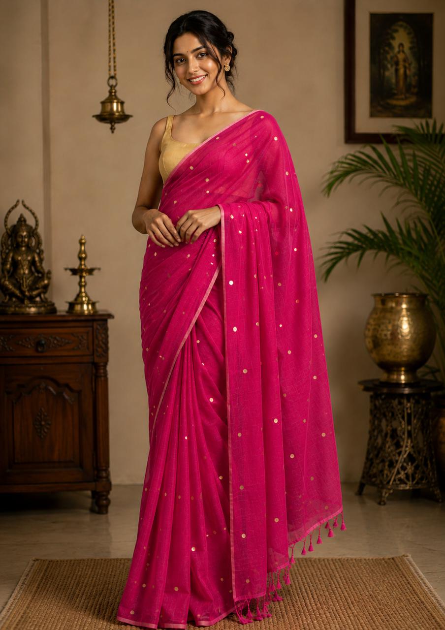 Mul Cotton  Saree with Chumki Work and Tassels Pink
