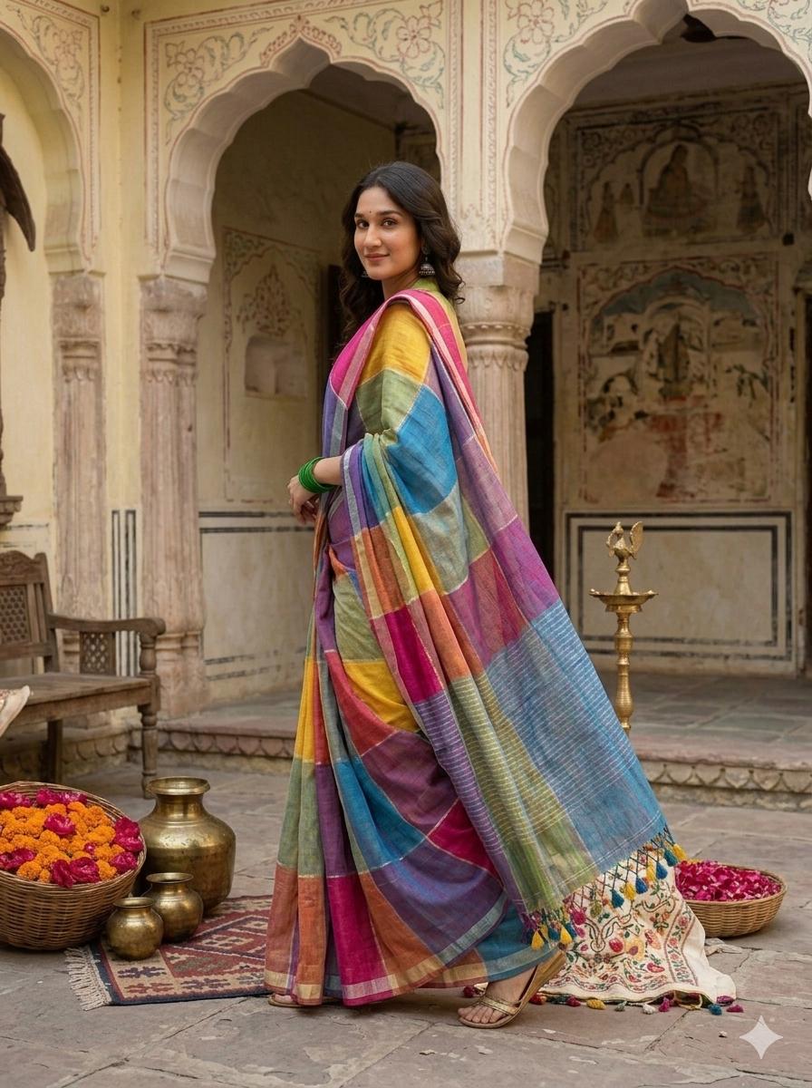 Pure Linen checks- Multicolour