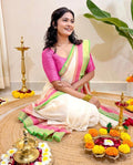 Mul Cotton- Off White With Kanchi Pink And Green Border