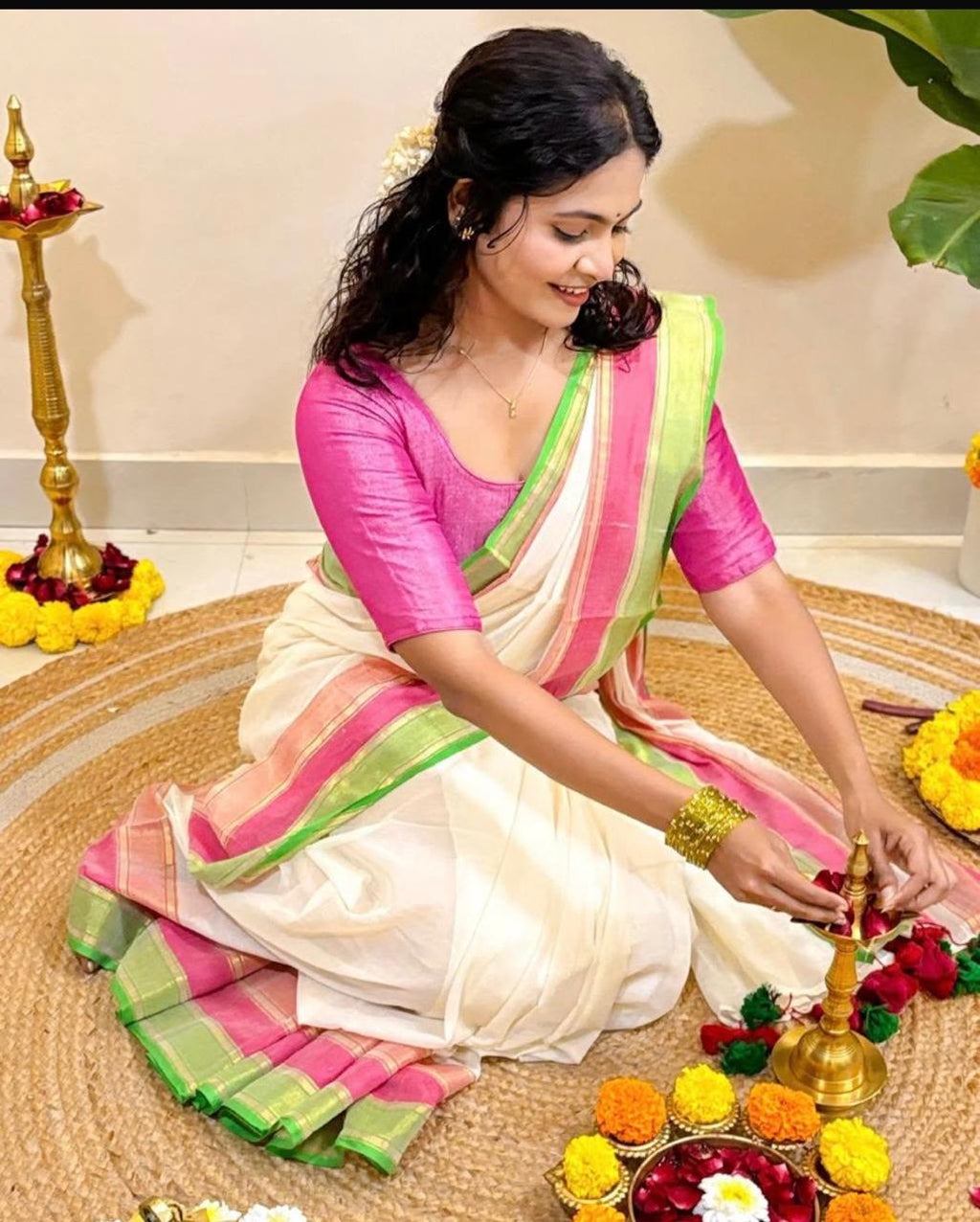 Mul Cotton- Off White With Kanchi Pink And Green Border