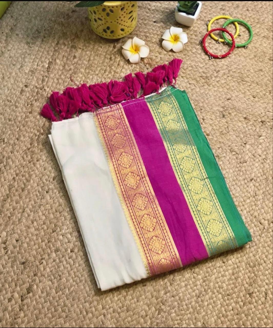 Mul Cotton- Off White With Kanchi Pink And Green Border