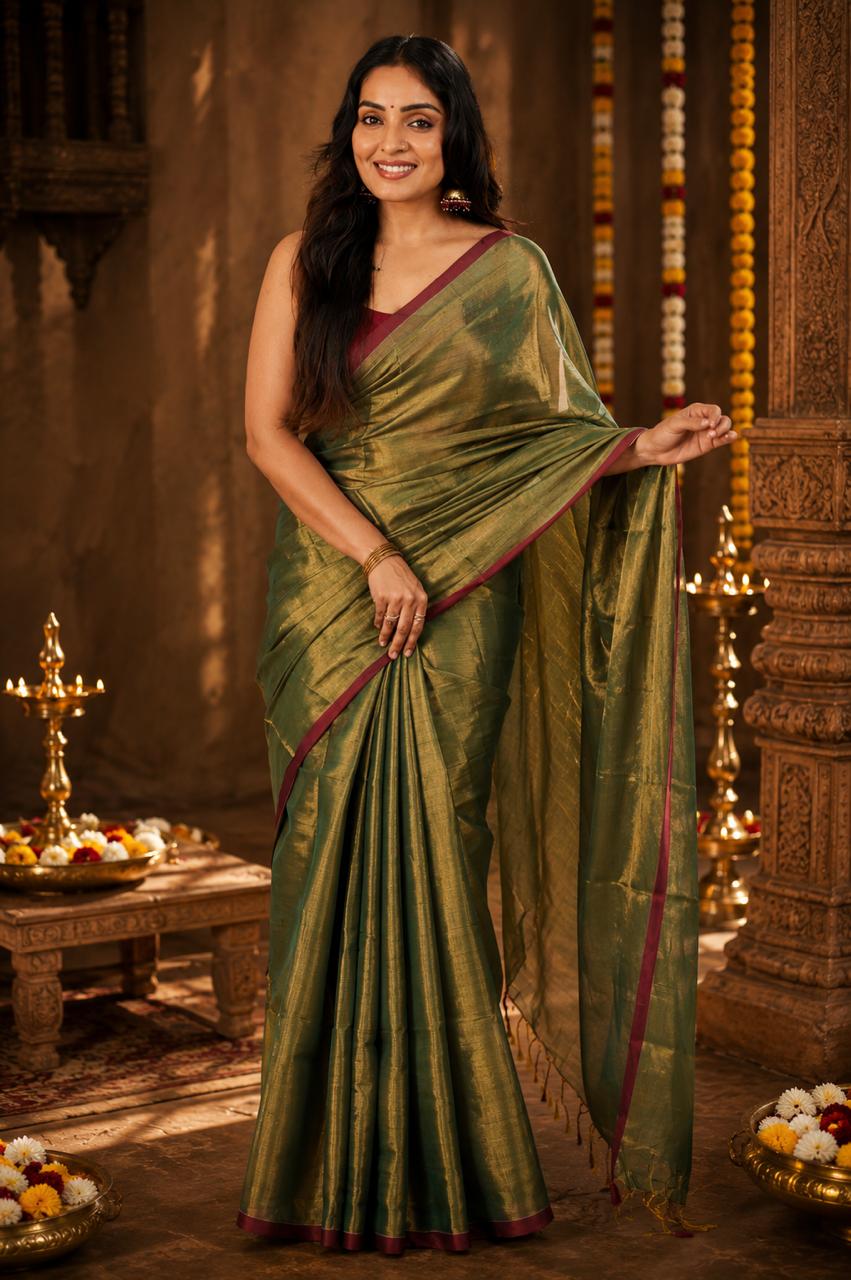 Raga Tissue Cotton Saree Sage Green