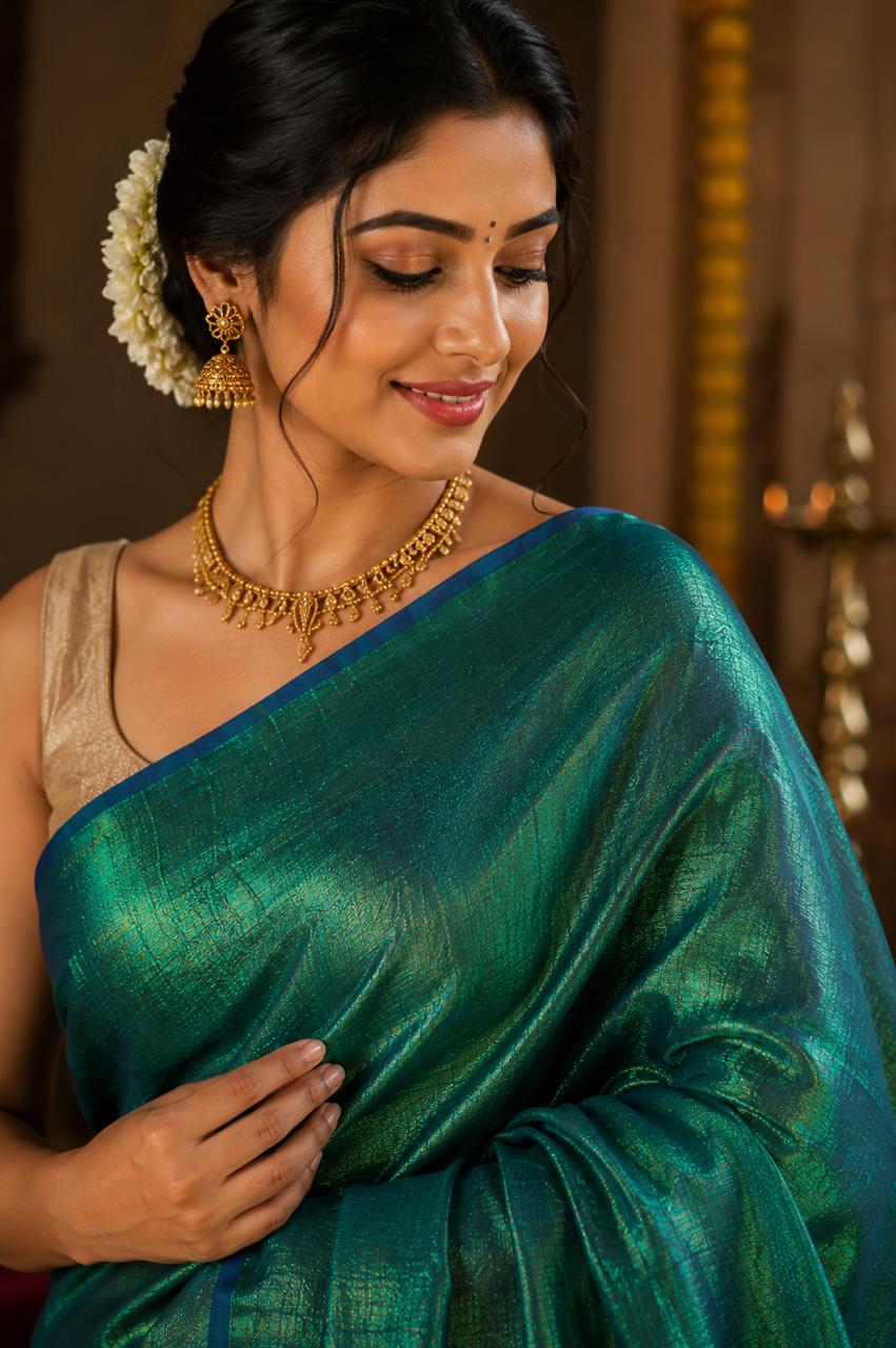 Raga Tissue Cotton Saree Emmerald Green