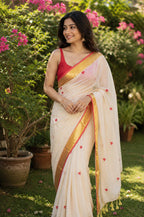 Mul cotton-Off White Saree with Red Border with Gold Zari