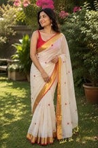 Mul cotton-Off White Saree with Red Border with Gold Zari