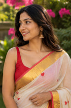 Mul cotton-Off White Saree with Red Border with Gold Zari