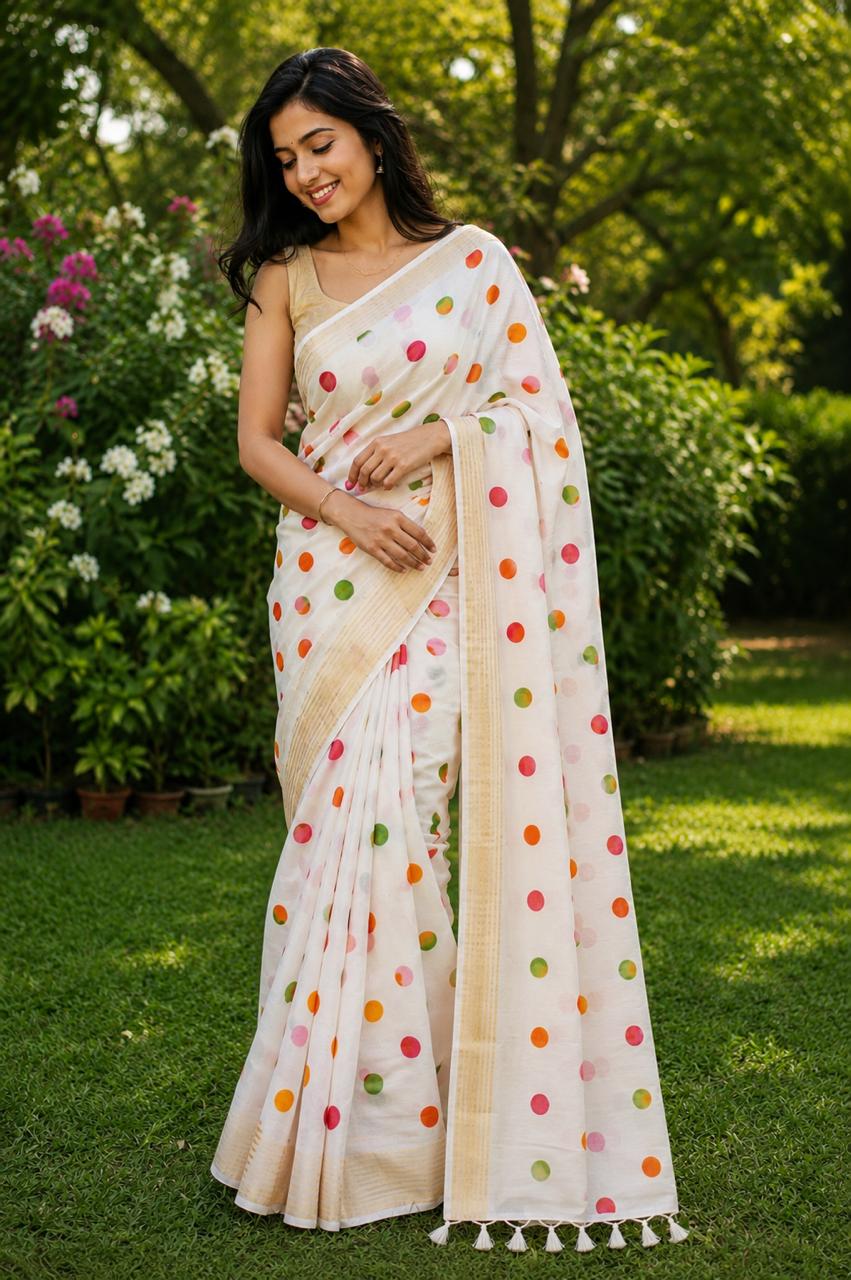 Mul Cotton- White with Polka Dot Saree With Golden Border