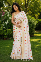 Mul Cotton- White with Polka Dot Saree With Golden Border