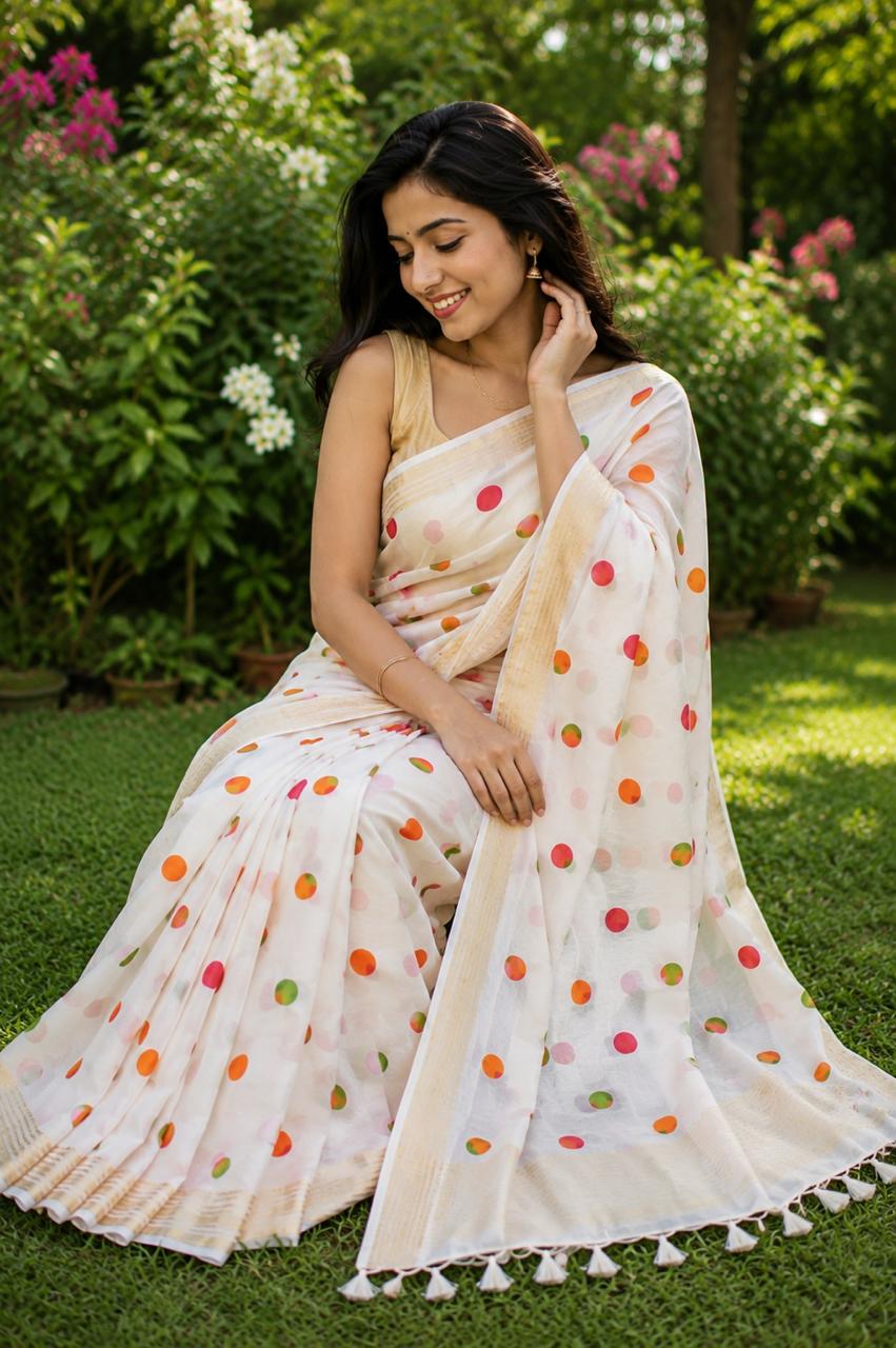 Mul Cotton- White with Polka Dot Saree With Golden Border