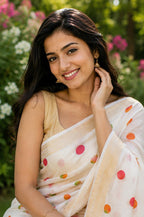 Mul Cotton- White with Polka Dot Saree With Golden Border