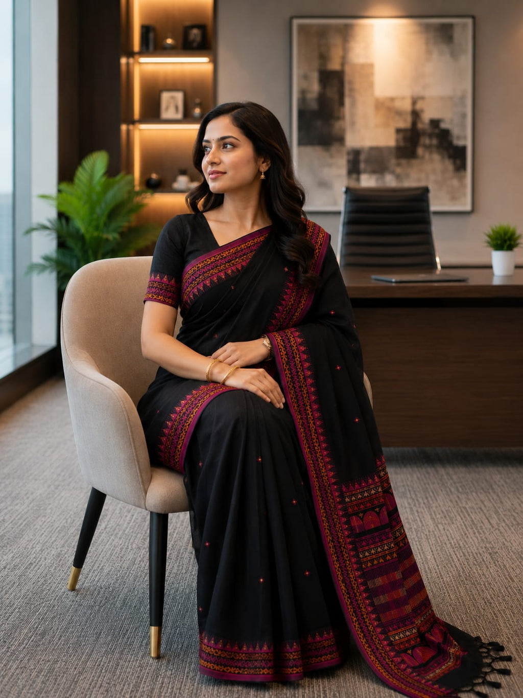 Assam Khadi Cotton Saree Black