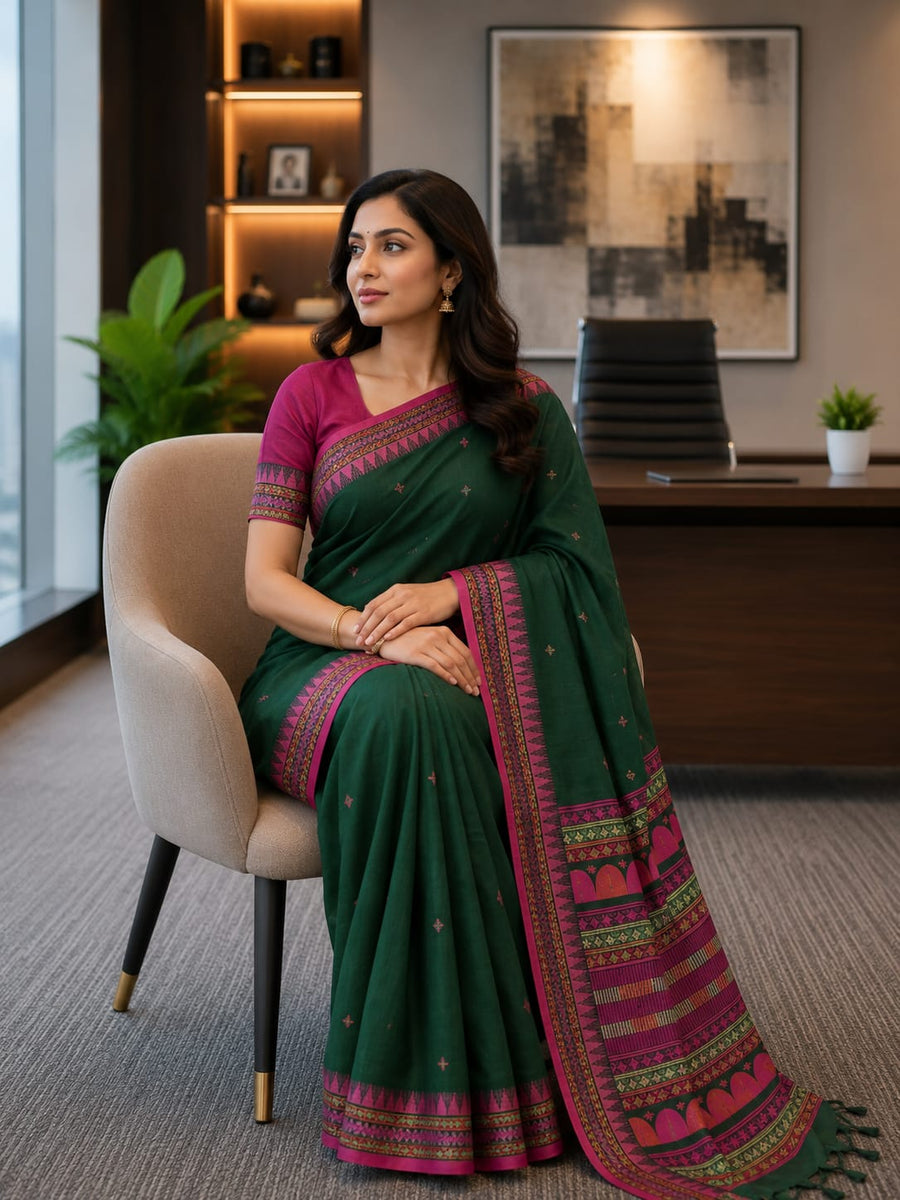 Assam Khadi Cotton Saree Green