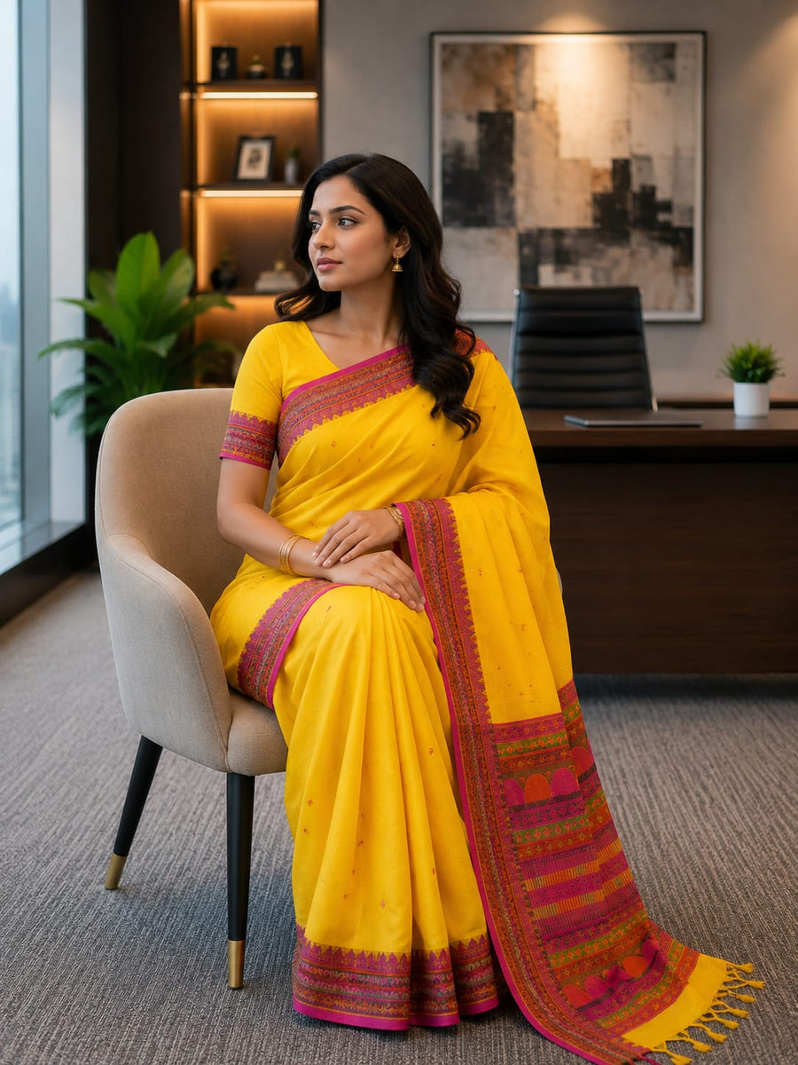 Assam Khadi Cotton Saree Yellow