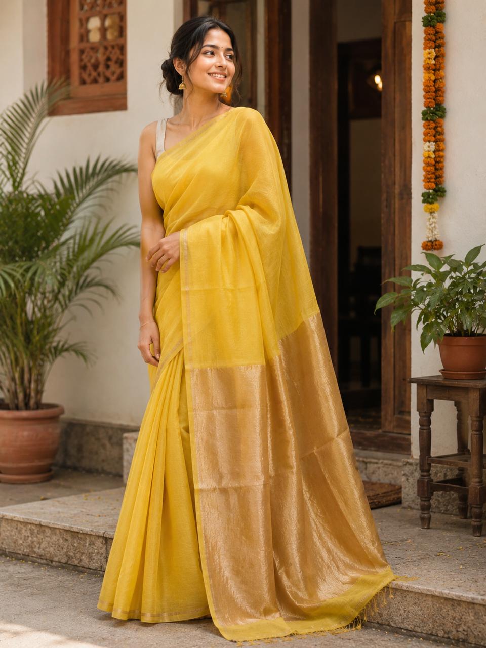 Silk Linen Saree Yellow