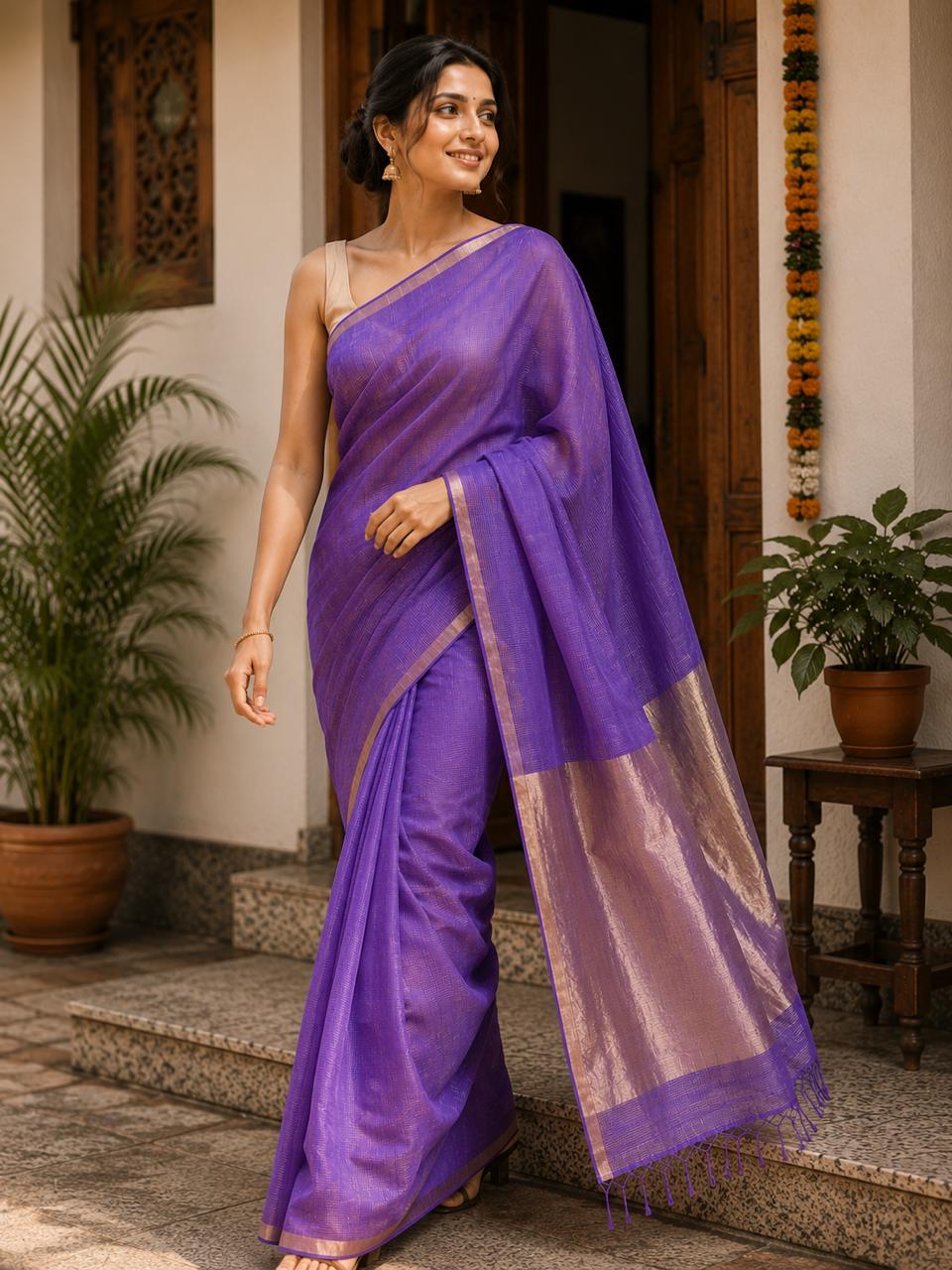 Silk Linen Saree Purple