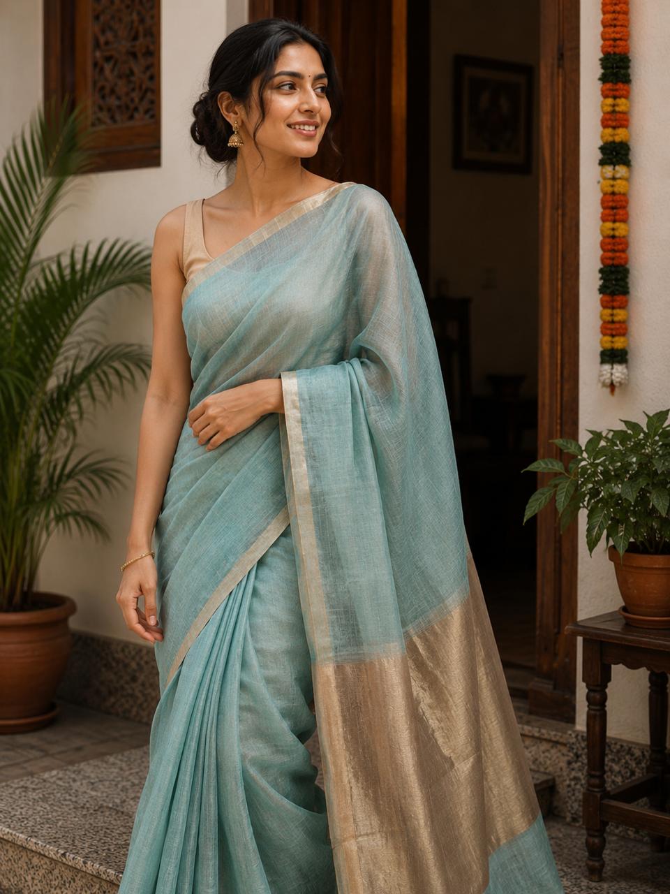 Silk Linen Saree Blue