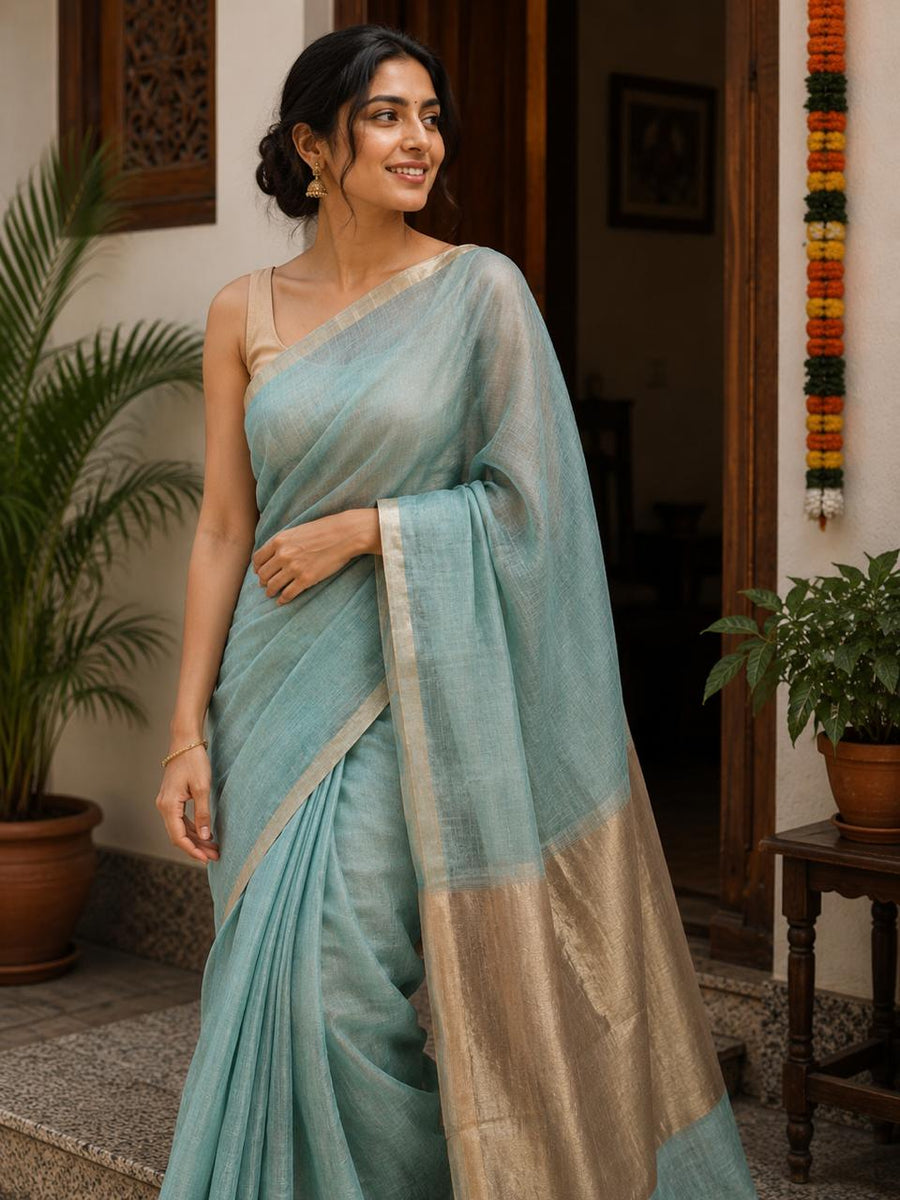 Silk Linen Saree Blue