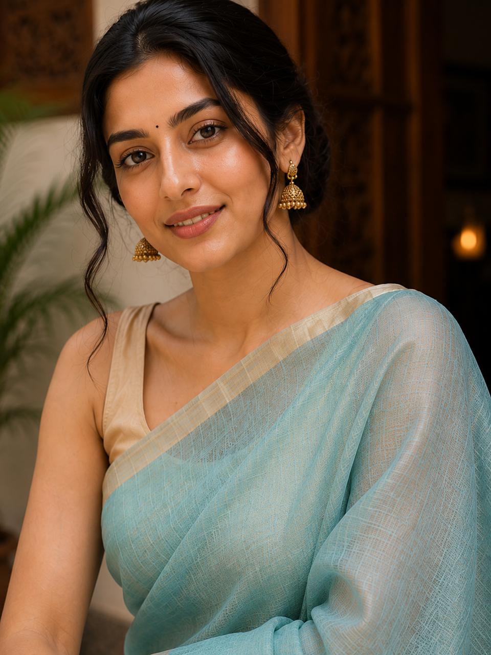 Silk Linen Saree Blue