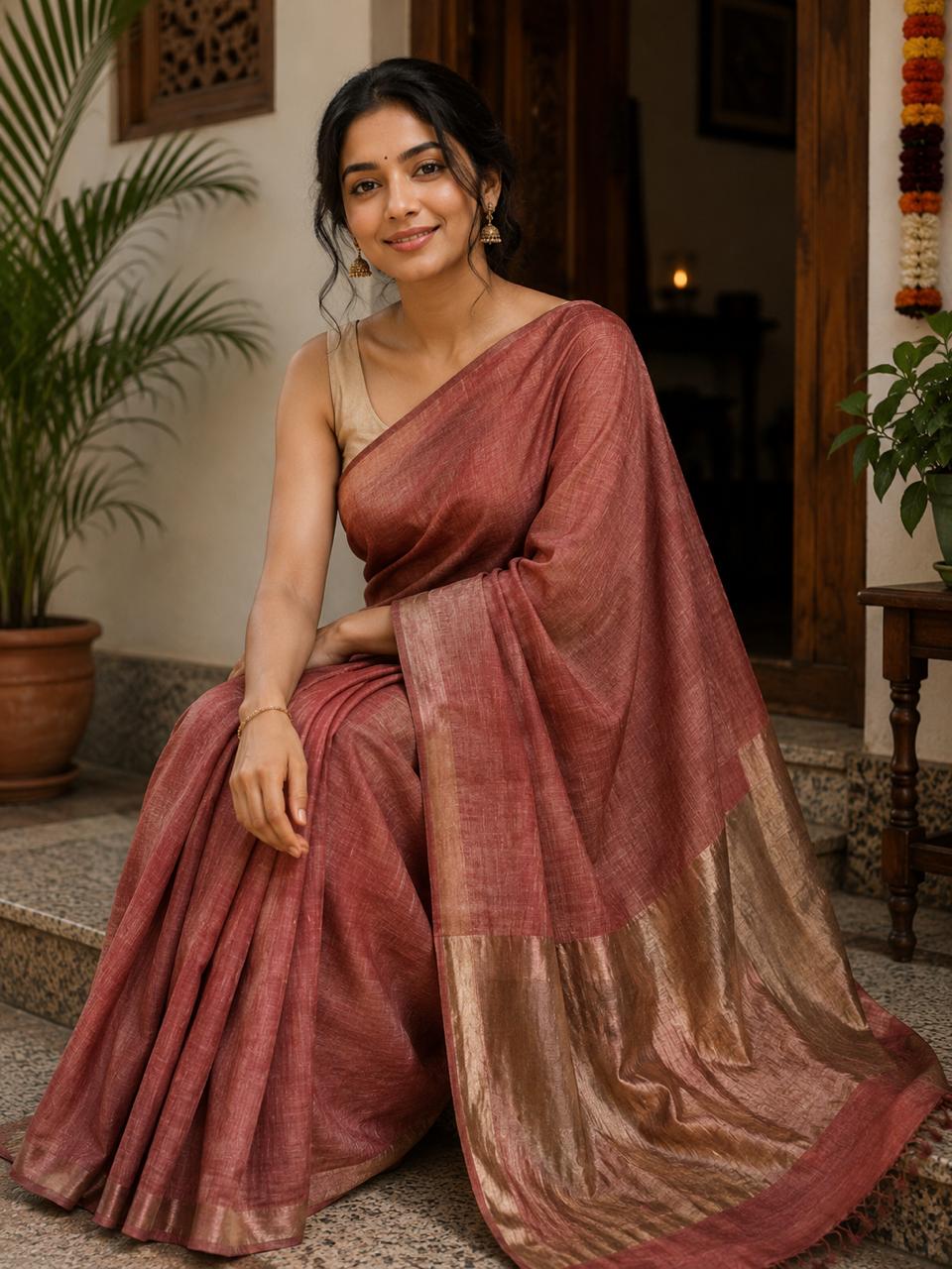 Silk Linen Saree Brick Red