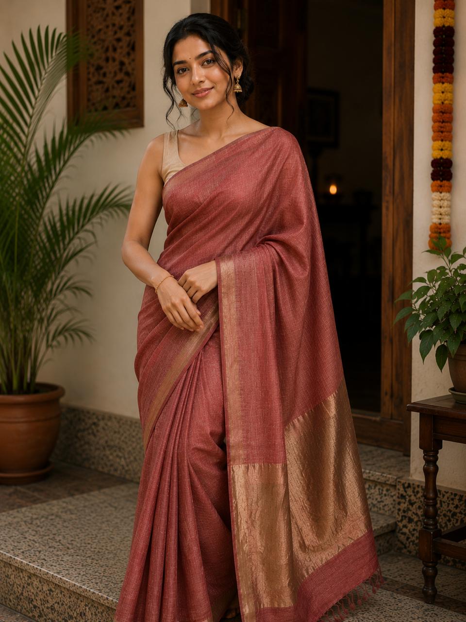 Silk Linen Saree Brick Red