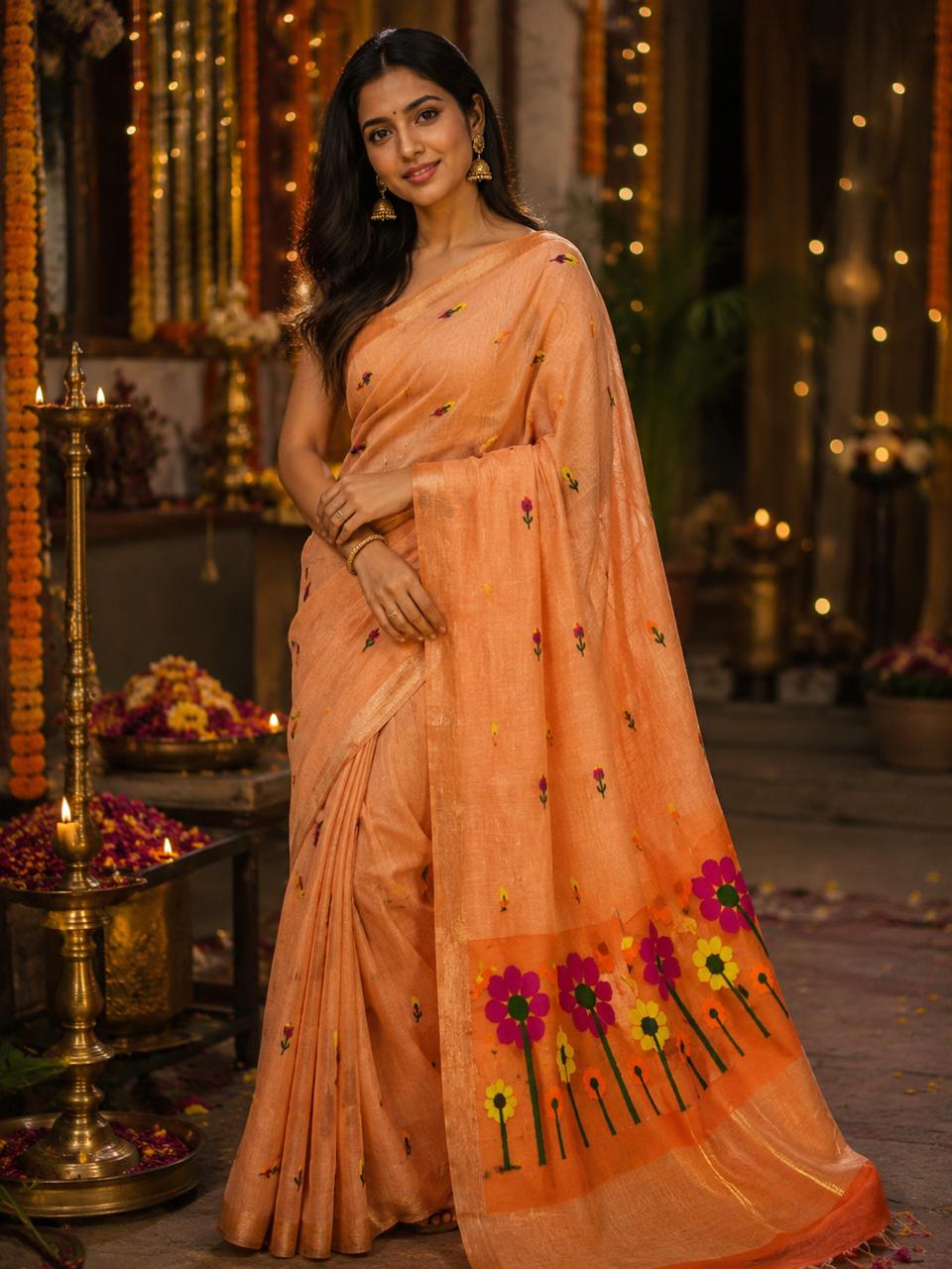 Silk Linen Jamdani Saree Orange