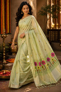 Silk Linen Jamdani Saree Pista Green