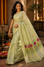 Silk Linen Jamdani Saree Pista Green