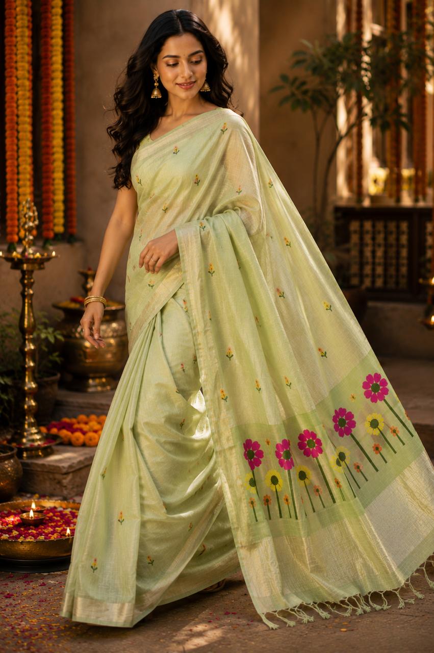 Silk Linen Jamdani Saree Pista Green