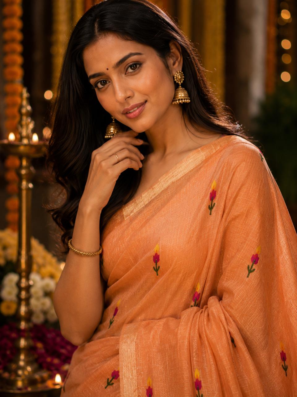 Silk Linen Jamdani Saree Orange