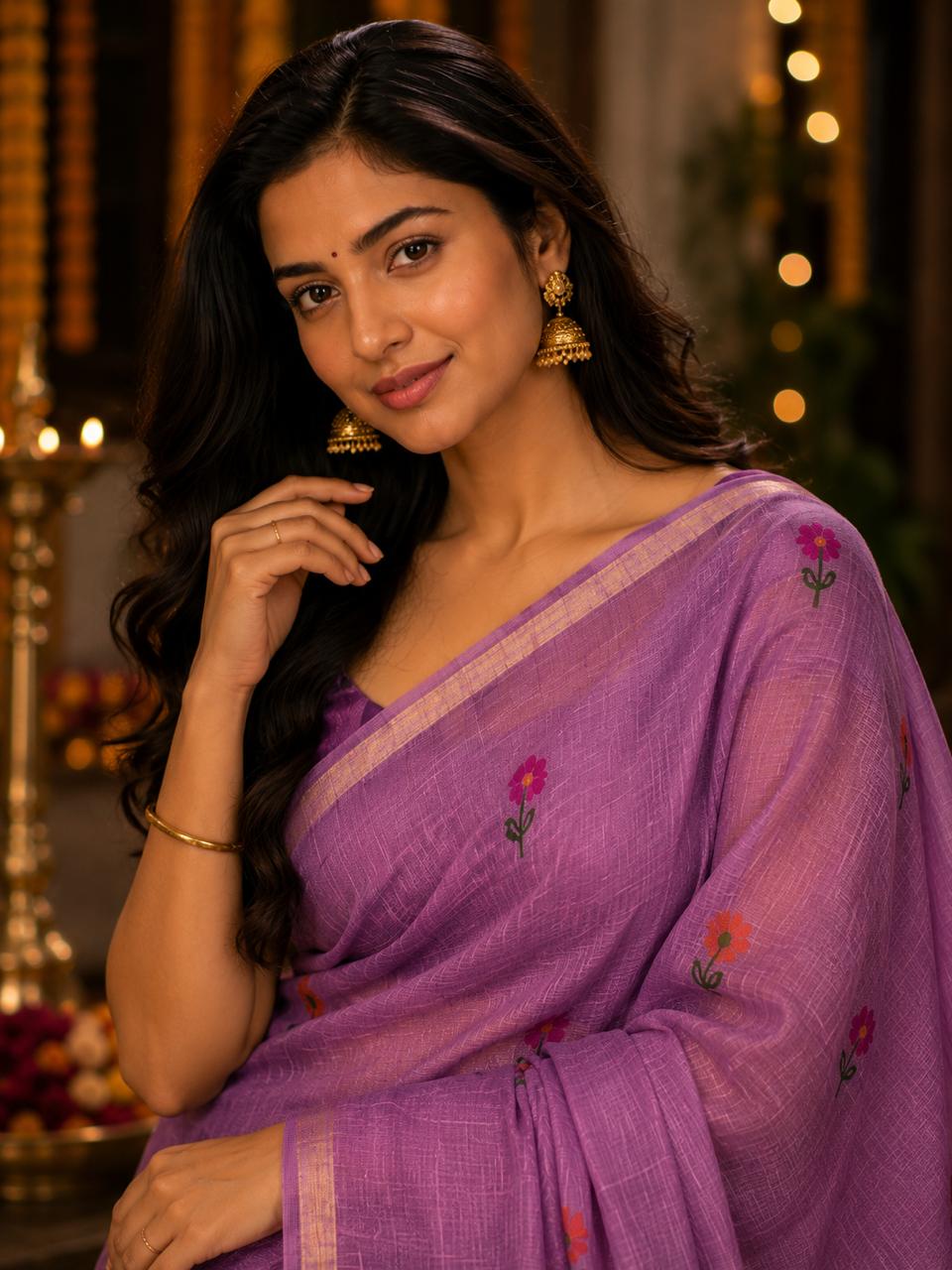 Silk Linen Jamdani Saree Mauve