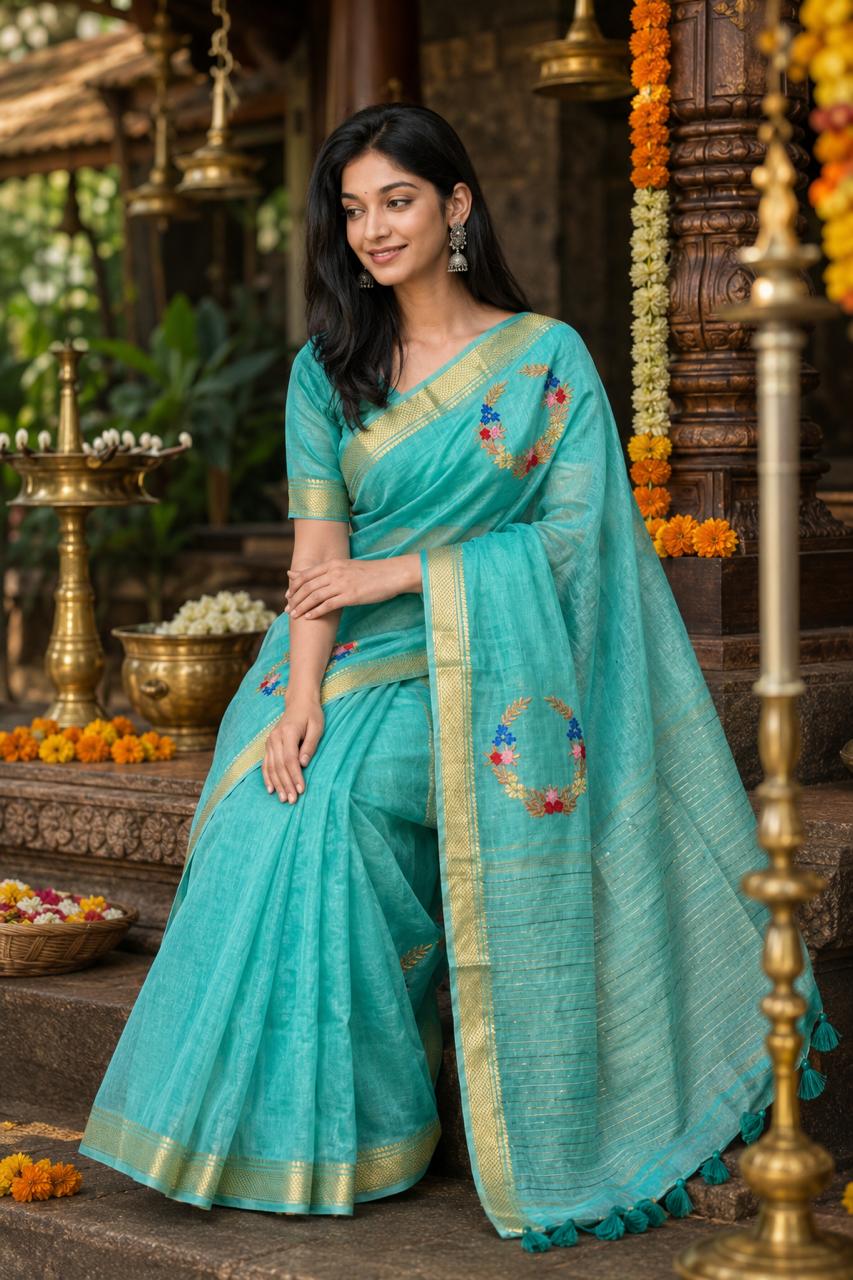 Silk Linen Saree With Hand Embroidery -sea green