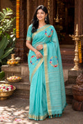 Silk Linen Saree With Hand Embroidery -sea green