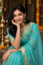 Silk Linen Saree With Hand Embroidery -sea green
