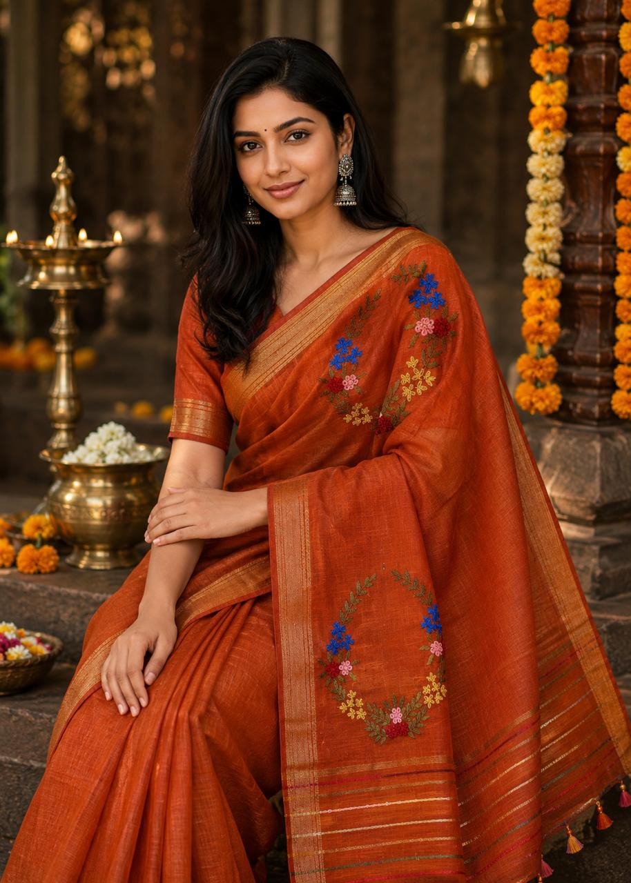 Silk Linen Saree With Hand Embroidery  Rust Orange