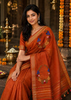 Silk Linen Saree With Hand Embroidery  Rust Orange