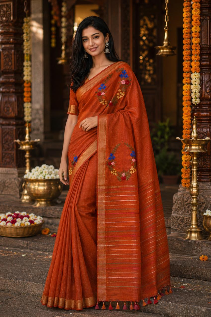Silk Linen Saree With Hand Embroidery  Rust Orange