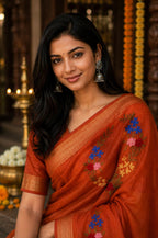 Silk Linen Saree With Hand Embroidery  Rust Orange