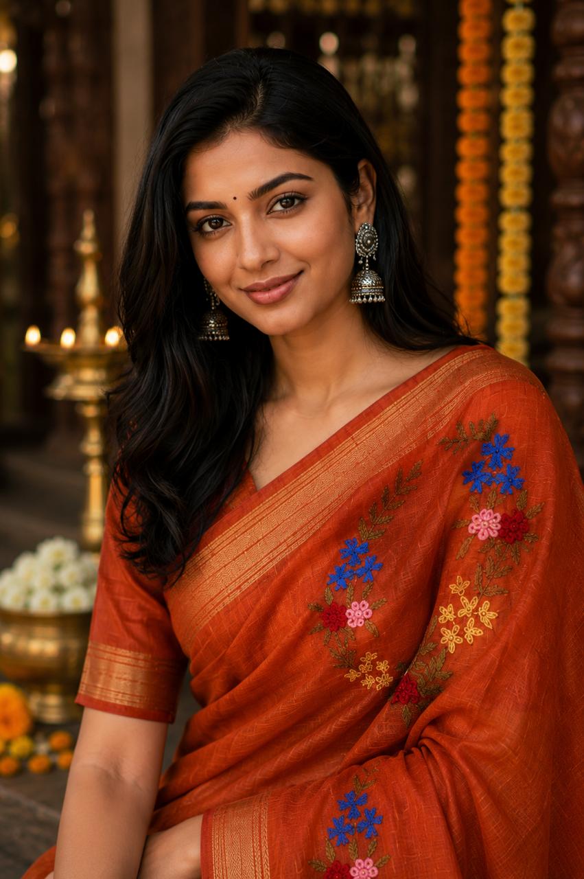 Silk Linen Saree With Hand Embroidery  Rust Orange