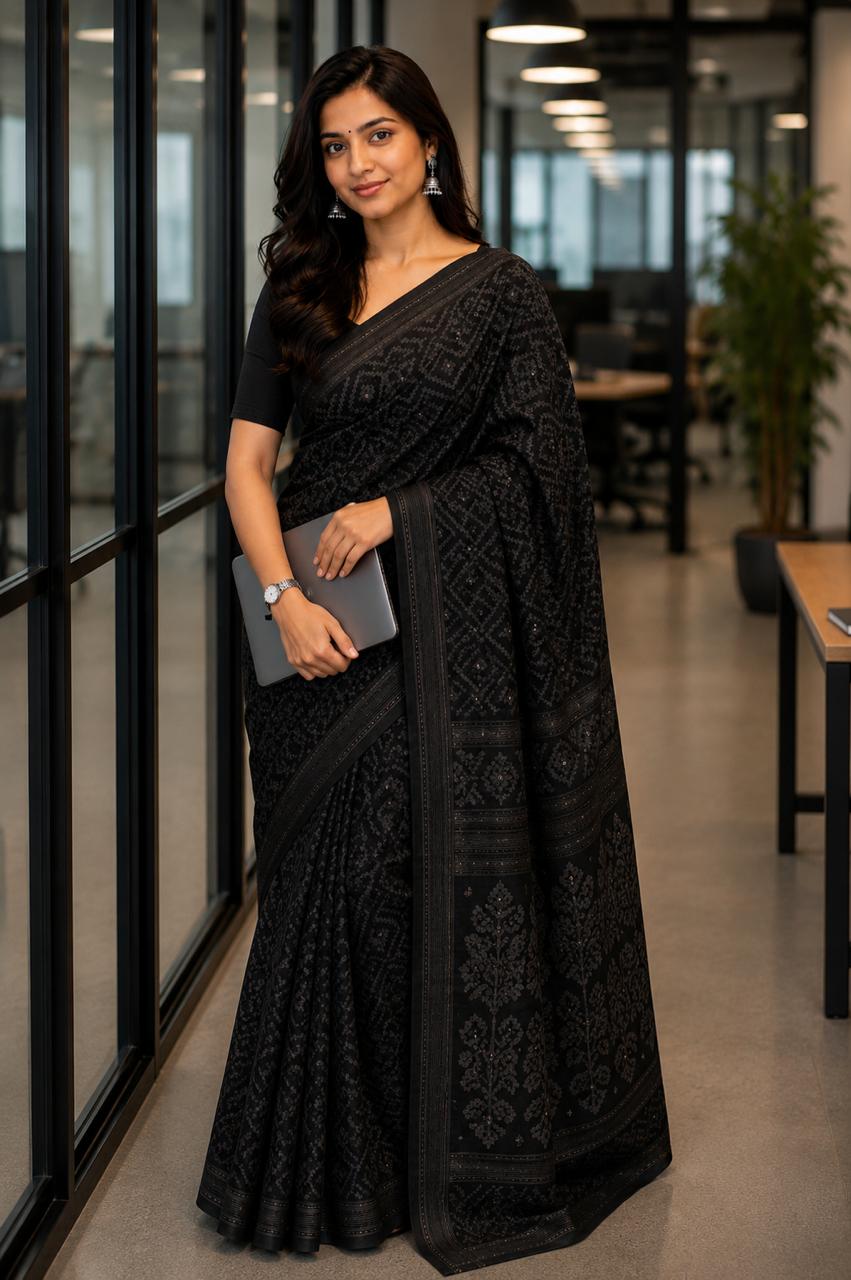 Cotton Jamdani Saree Black