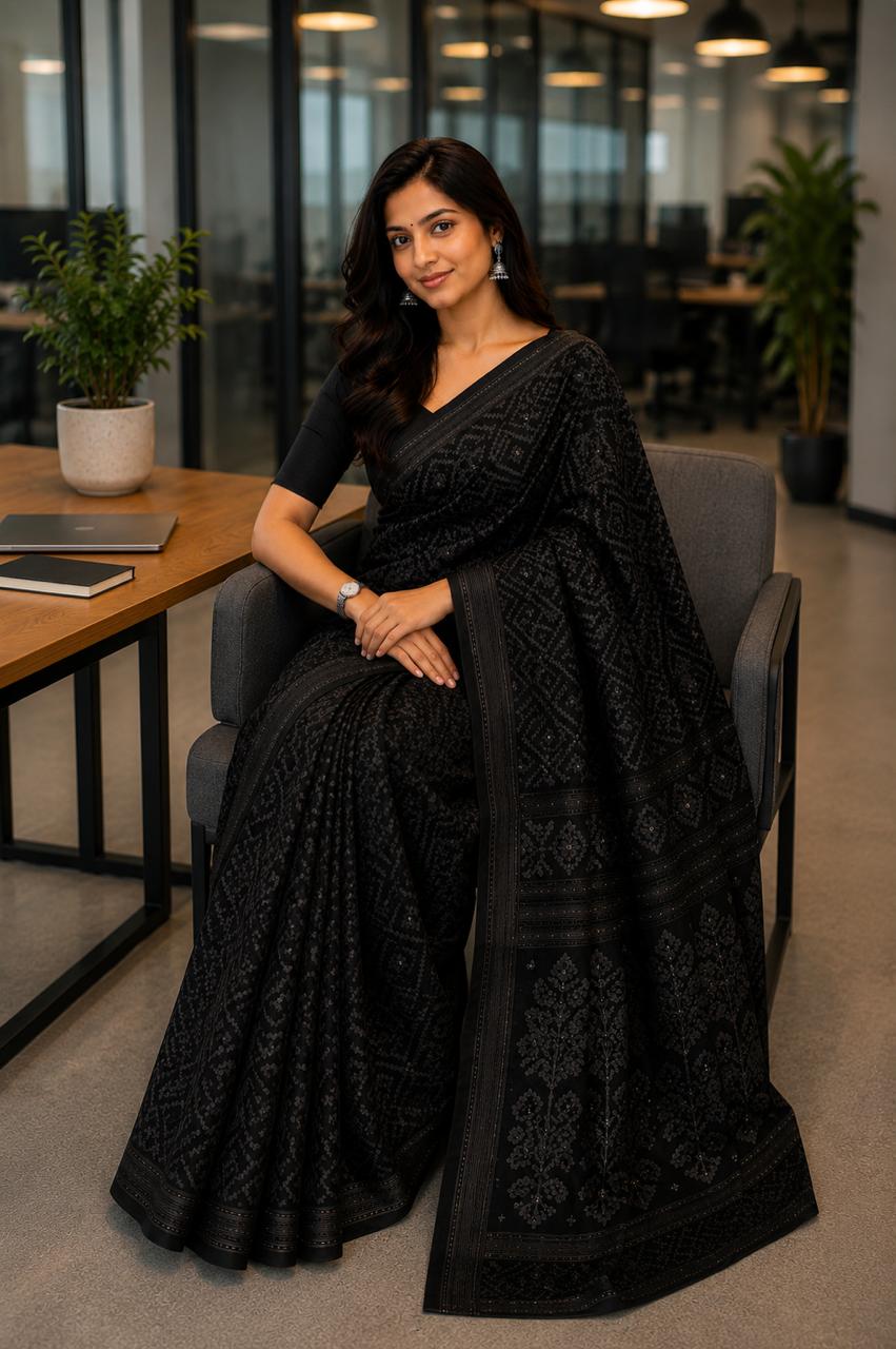 Cotton Jamdani Saree Black