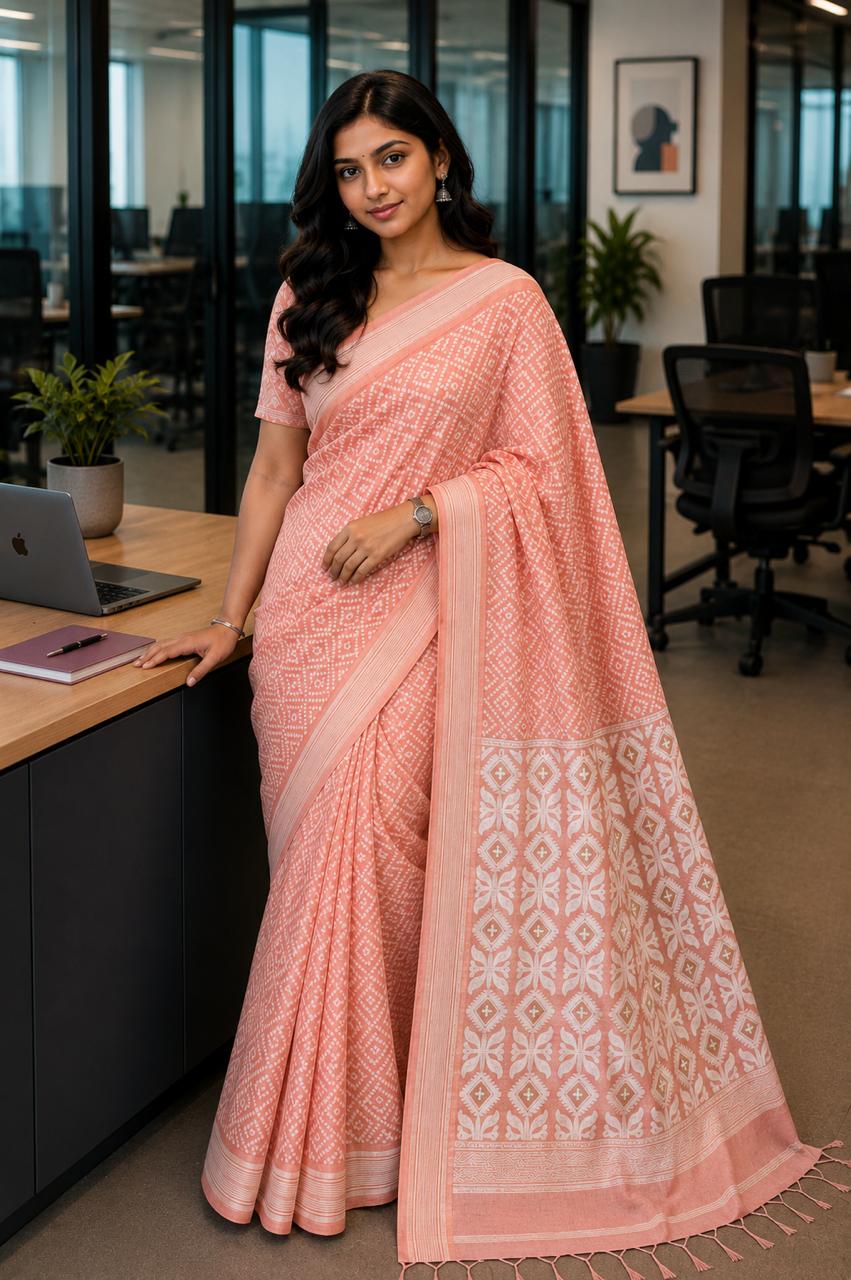 Cotton Jamdani Saree Peach